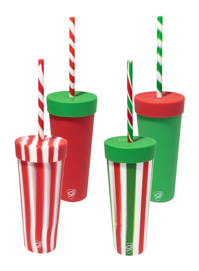 Silipint: Silicone 16 oz Straw Tumbler:4 Pk - Peppermint, Poinsettia, Classic Red & Green - Unbreakable, Holiday Gift, Sustainable - Image 1